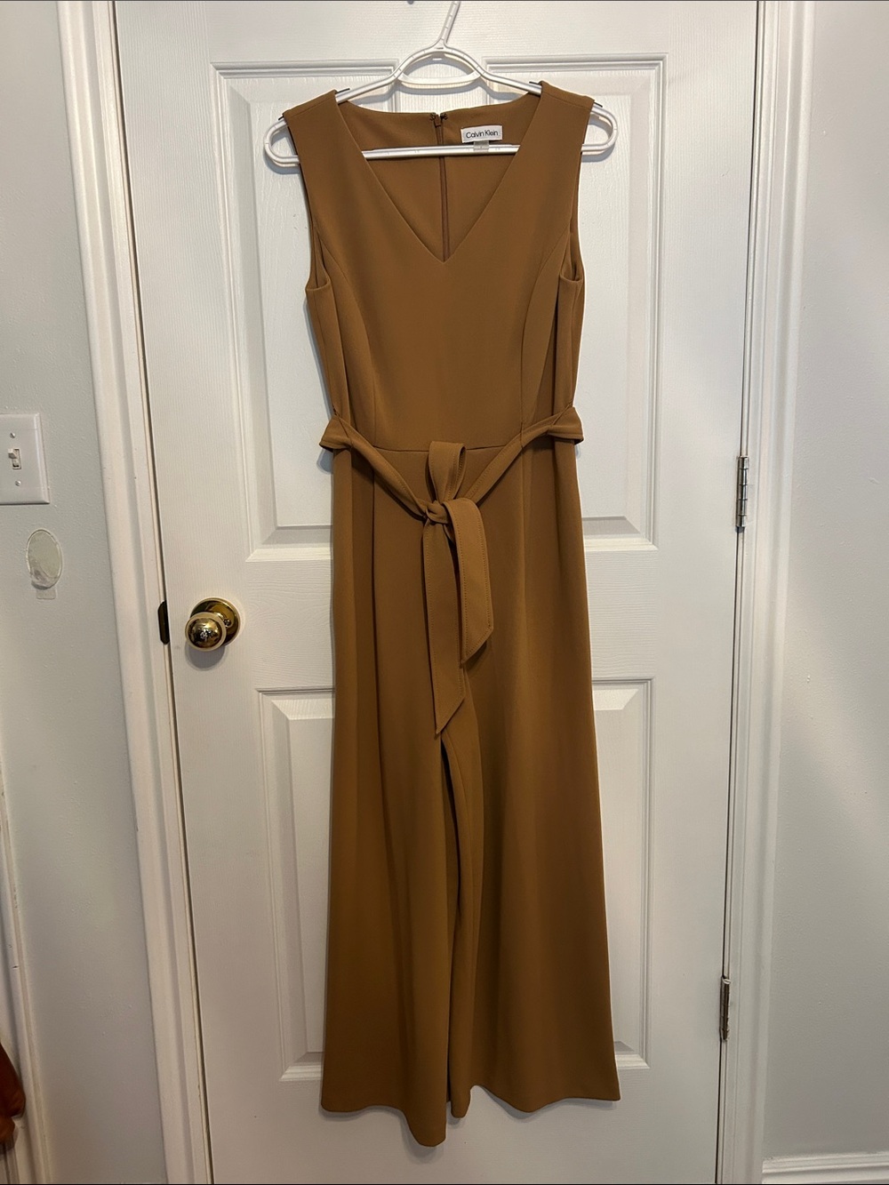 Calvin Klein Camel Brown Sleeveless V-Neck Belted Jumpsuit